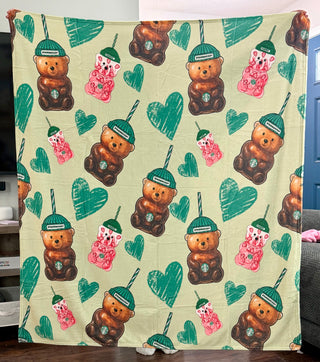 Coffee Bear - Light Green -  Fleece Blanket