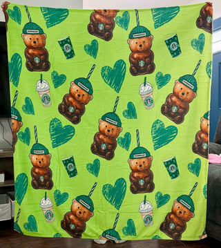 Coffee Bear - Neon Green -  Fleece Blanket