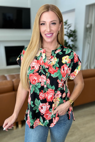 Lizzy Cap Sleeve Top in Black Garden Floral