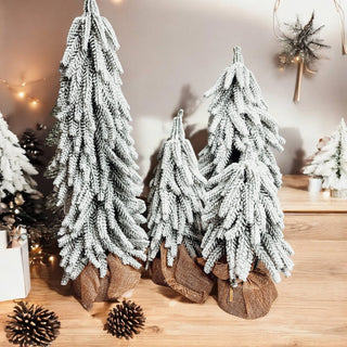 Snow Topped Christmas Trees With Wood & Jute Base