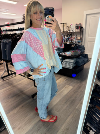Mineral Washed Floral Patch Oversized Top