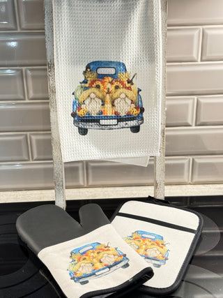 Blue Gnome Pumpkin Truck Oven Mitt Glove
