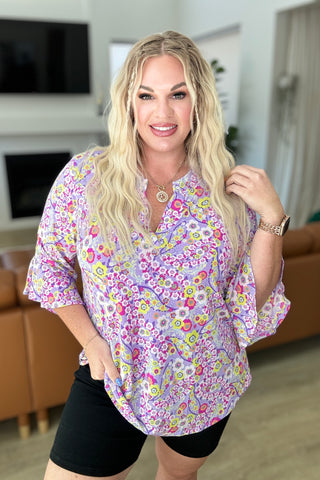 Lizzy Bell Sleeve Top in Lavender Retro Ditsy Floral
