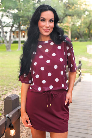 Emma Mesh Tee - Burgundy Polka Dot