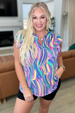 Lizzy Flutter Sleeve Top in Lavender Multi Abstract Stripe