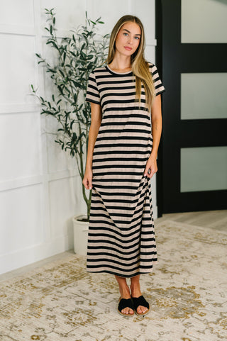 PREORDER: Cap Sleeve Maxi Dress in Black and Tan Stripe