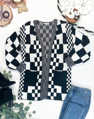 Long Checkered Pocket Cardigan - Black and White