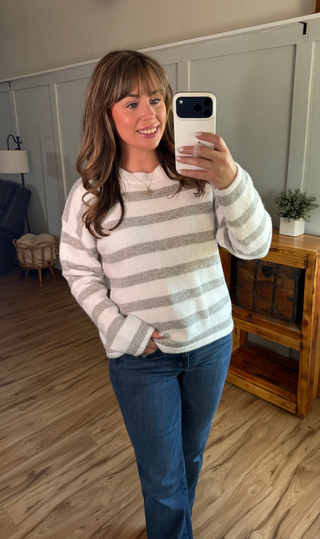 Cozy Stripe Sweater - Grey and White