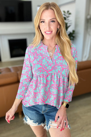 Lizzy Babydoll Top in Emerald and Pink Paisley