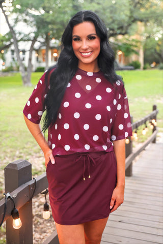 Emma Mesh Tee - Burgundy Polka Dot