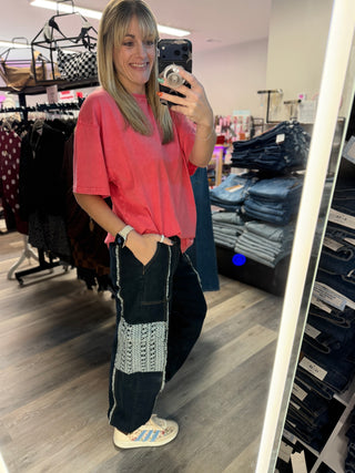 Denim Lace Pocket Drawstring Jogger Pants