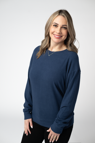 Corrine Ribbed Pullover Top - Navy