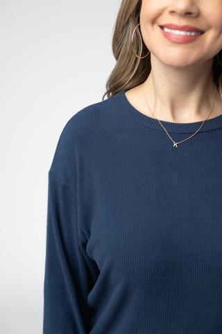 Corrine Ribbed Pullover Top - Navy