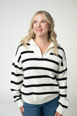 Quarter Zip Striped Pullover - Black and White