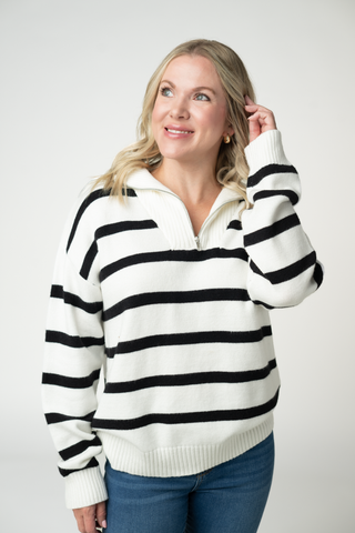 Quarter Zip Striped Pullover - Black and White