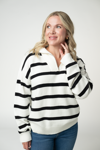 Quarter Zip Striped Pullover - Black and White