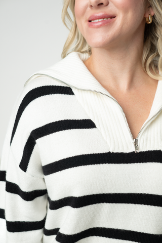 Quarter Zip Striped Pullover - Black and White