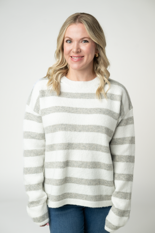 Cozy Stripe Sweater - Grey and White