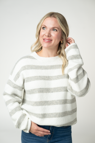 Cozy Stripe Sweater - Grey and White
