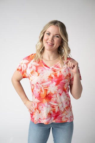 Raelynn V-Neck Top - Sunset Tropical Floral