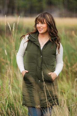 Harlow Long Vest - Dark Olive