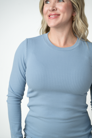 Reese Ribbed Long Sleeve Top - Dusty Blue
