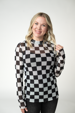 Blair Mesh Long Sleeve Top - Black and White Checkers