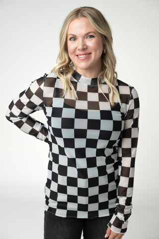 Blair Mesh Long Sleeve Top - Black and White Checkers