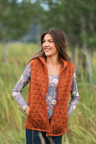 Heather Geometric Hooded Vest - Rust
