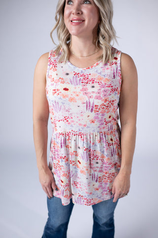 Renee Ruffle Tank Top - Coral Sunset Floral
