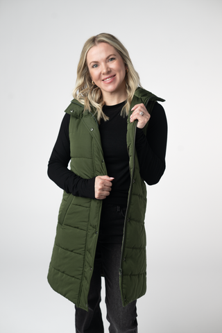 Harlow Long Vest - Dark Olive
