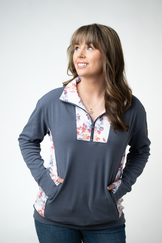 Rowan Zip Pullover - Slate Blue and Autumn Watercolor