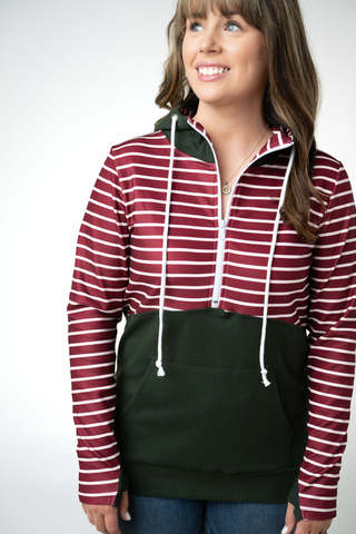 Soft Classic HalfZip Hoodie - Evergreen and Burgundy Stripes