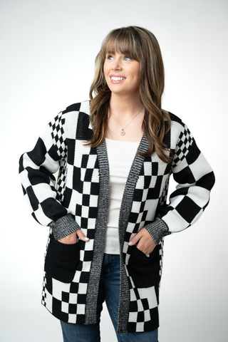 Long Checkered Pocket Cardigan - Black and White