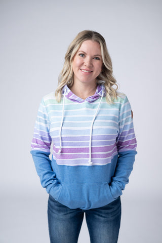 Hailey Pullover Hoodie - Rainbow Stripes and Blue