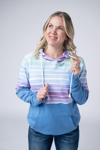 Hailey Pullover Hoodie - Rainbow Stripes and Blue