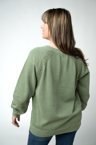 Lace Accent Vintage Wash Pullover - Olive