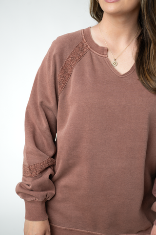 Lace Accent Vintage Wash Pullover - Brown