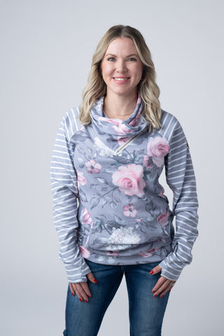 Classic Zoey ZipCowl Sweatshirt - Grey Floral and Stripes