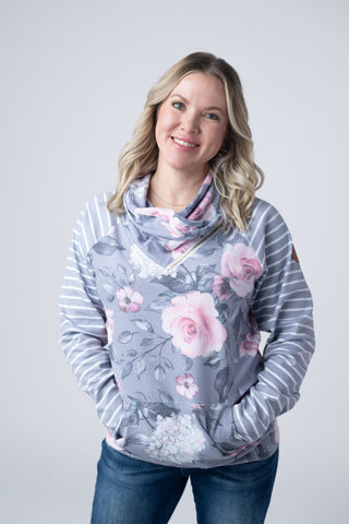 Classic Zoey ZipCowl Sweatshirt - Grey Floral and Stripes