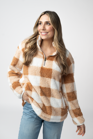 Sherpa Plaid Pullover - Camel