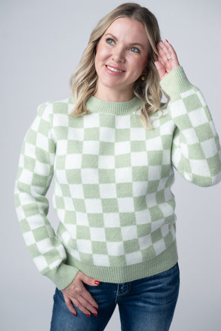 Checkered Sweater - Sage and White