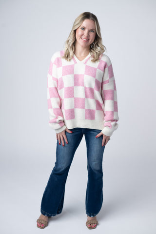 Checkered Hoodie - Pink and White