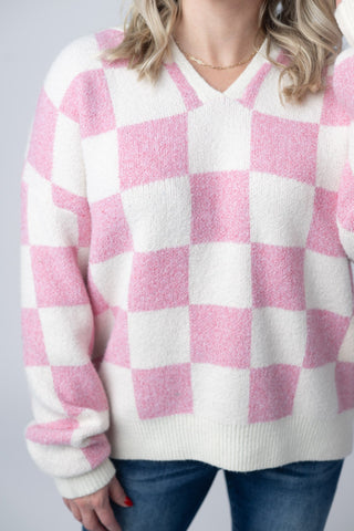 Checkered Hoodie - Pink and White