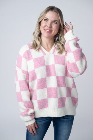 Checkered Hoodie - Pink and White