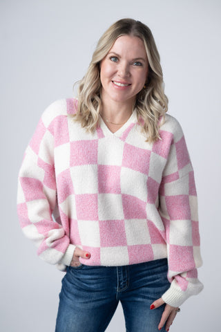 Checkered Hoodie - Pink and White