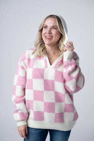 Checkered Hoodie - Pink and White