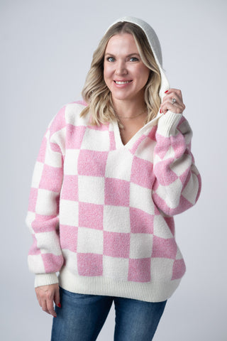 Checkered Hoodie - Pink and White