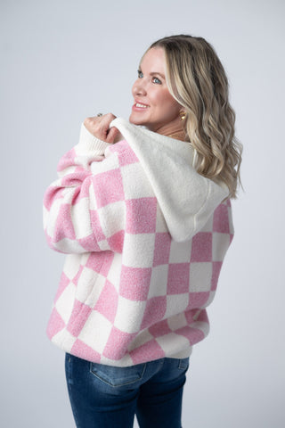 Checkered Hoodie - Pink and White