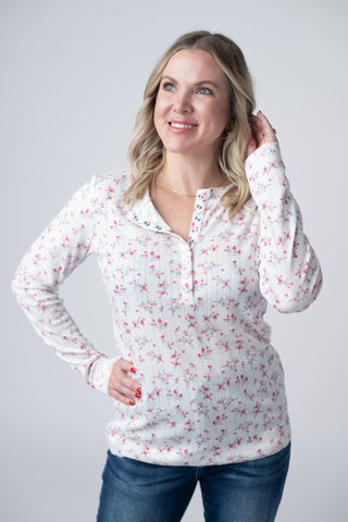 Button Snap Henley Top - Micro Pink Floral